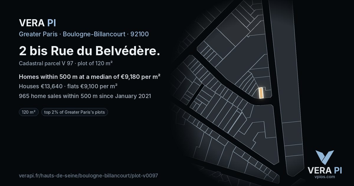 2 bis Rue du Belvédère, Boulogne-Billancourt at night – the plot lit, the parcels around coloured by the prices near them