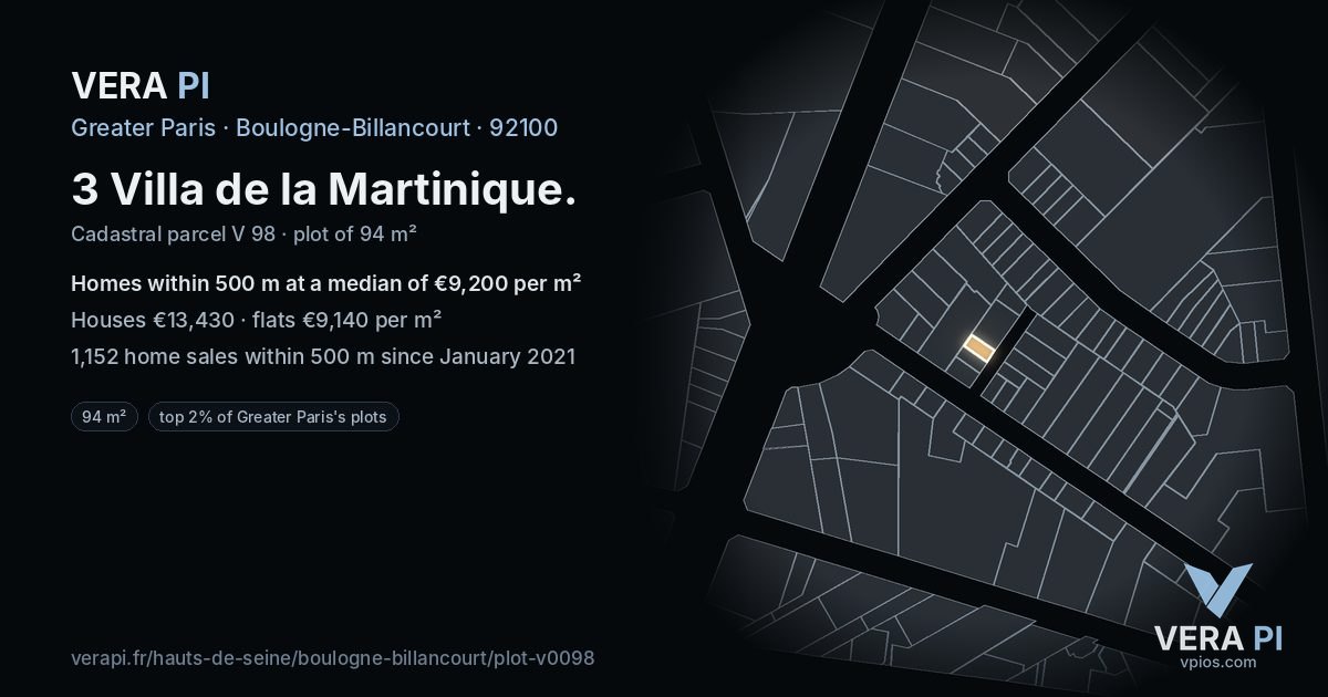 3 Villa de la Martinique, Boulogne-Billancourt at night – the plot lit, the parcels around coloured by the prices near them