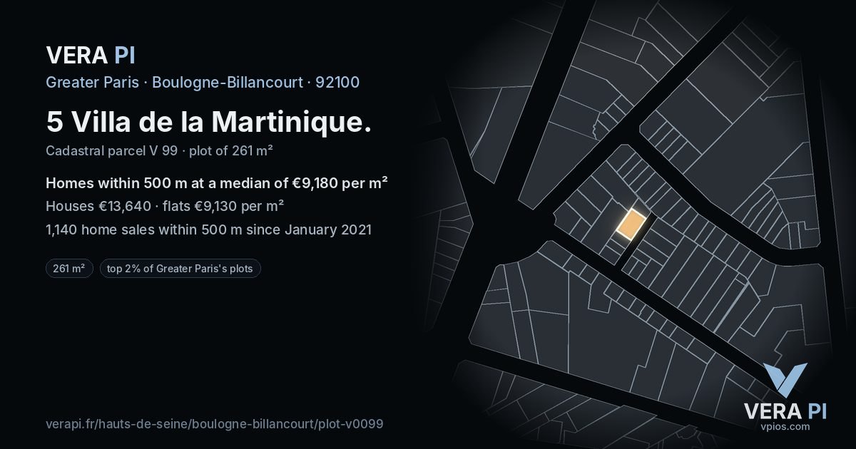 5 Villa de la Martinique, Boulogne-Billancourt at night – the plot lit, the parcels around coloured by the prices near them
