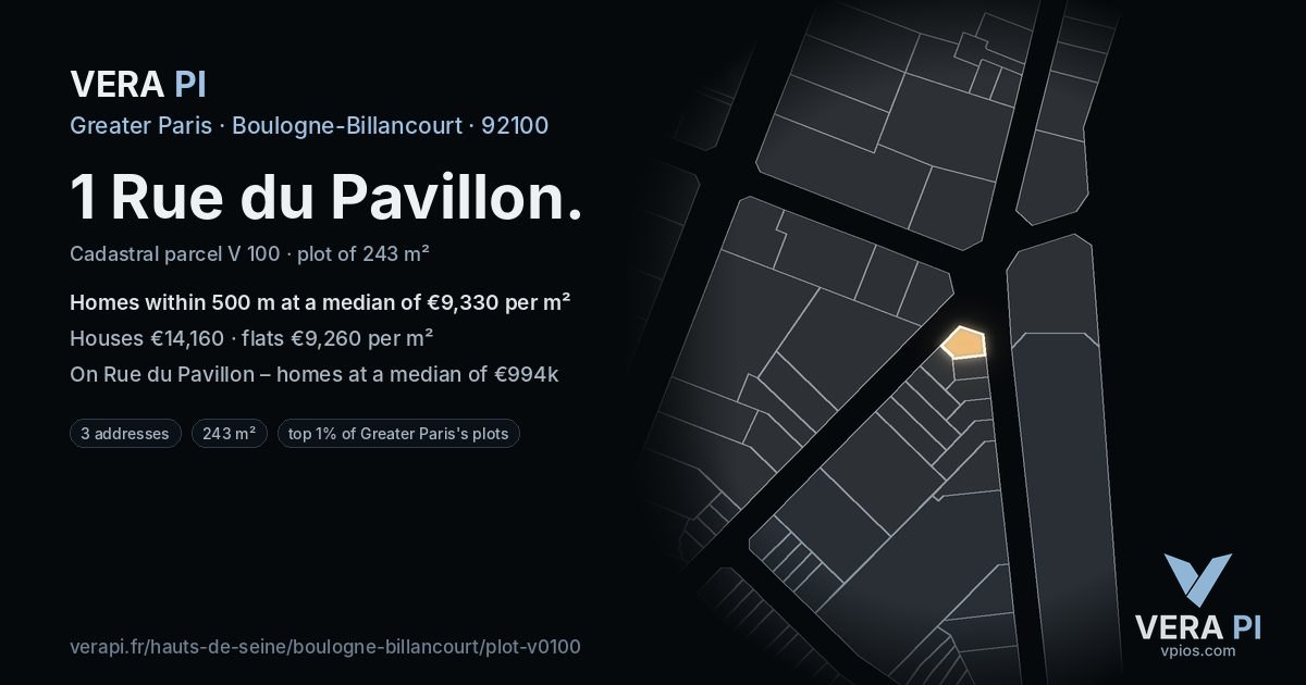 1 Rue du Pavillon, Boulogne-Billancourt at night – the plot lit, the parcels around coloured by the prices near them