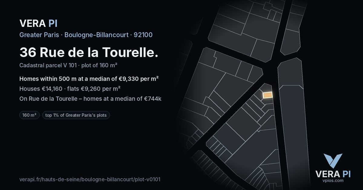 36 Rue de la Tourelle, Boulogne-Billancourt at night – the plot lit, the parcels around coloured by the prices near them