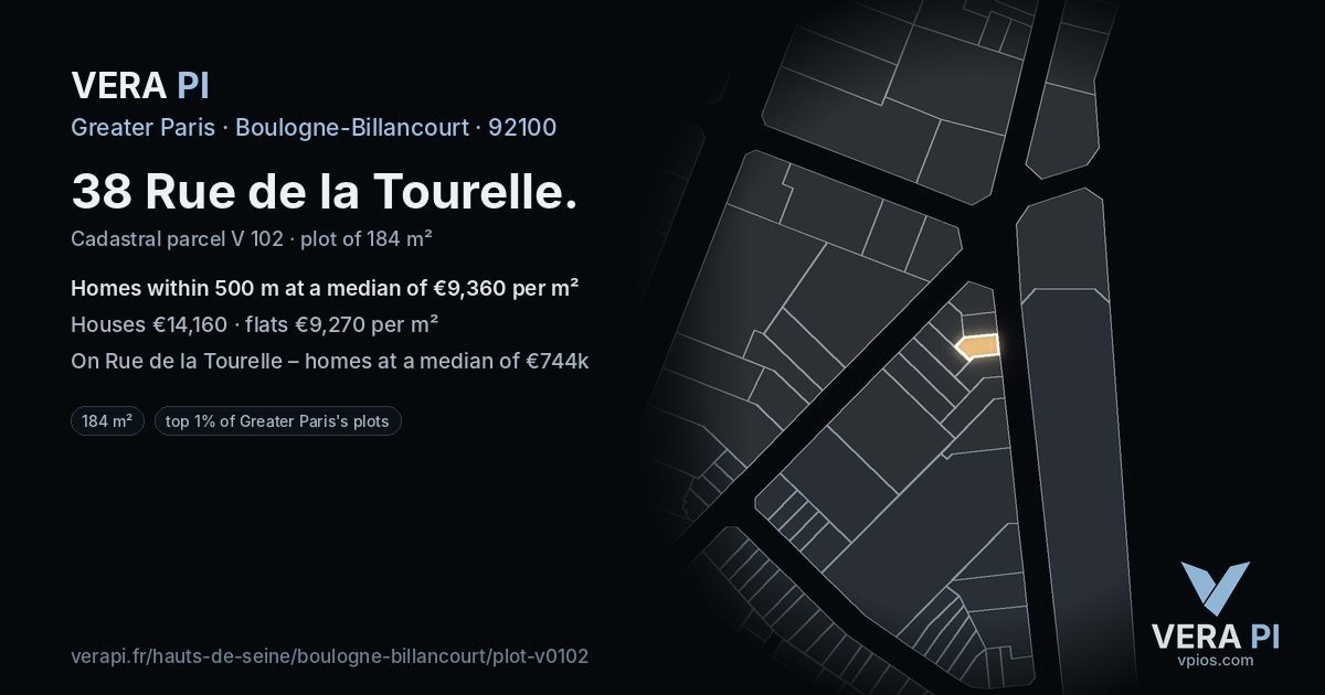 38 Rue de la Tourelle, Boulogne-Billancourt at night – the plot lit, the parcels around coloured by the prices near them