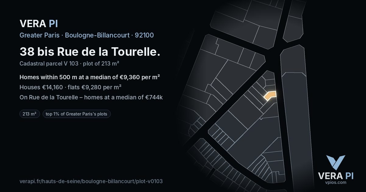 38 bis Rue de la Tourelle, Boulogne-Billancourt at night – the plot lit, the parcels around coloured by the prices near them