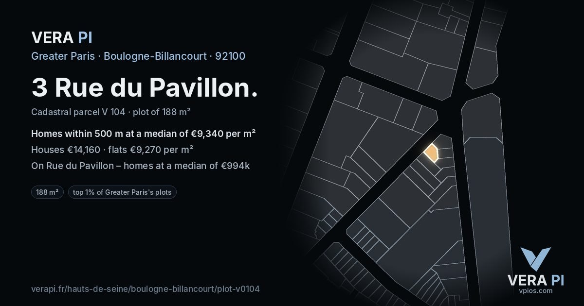 3 Rue du Pavillon, Boulogne-Billancourt at night – the plot lit, the parcels around coloured by the prices near them