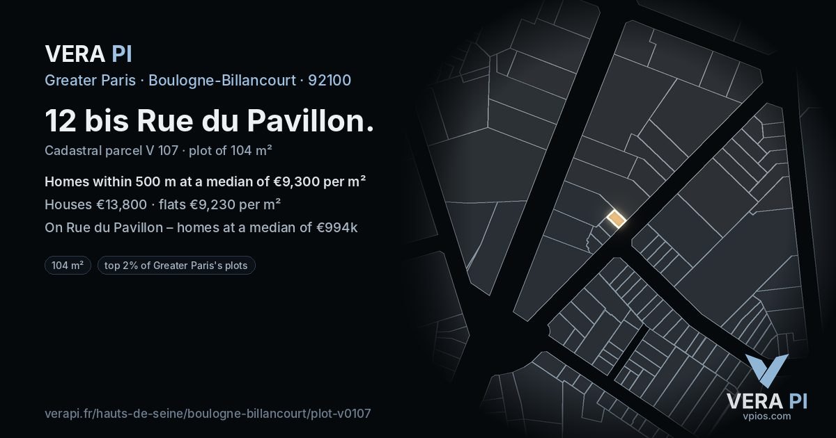 12 bis Rue du Pavillon, Boulogne-Billancourt at night – the plot lit, the parcels around coloured by the prices near them