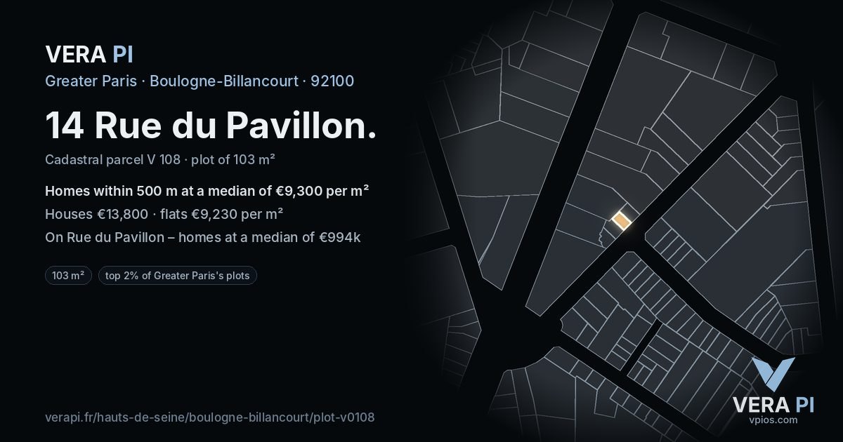 14 Rue du Pavillon, Boulogne-Billancourt at night – the plot lit, the parcels around coloured by the prices near them