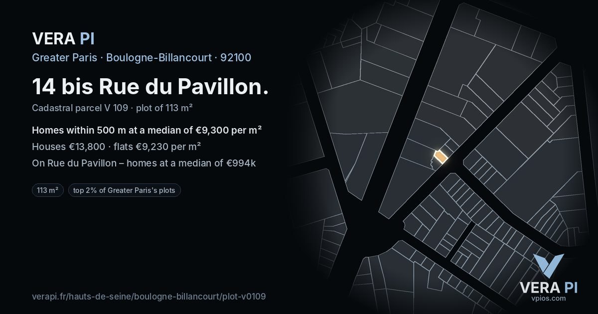 14 bis Rue du Pavillon, Boulogne-Billancourt at night – the plot lit, the parcels around coloured by the prices near them