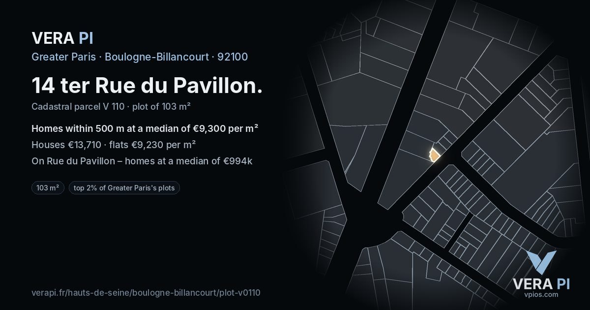 14 ter Rue du Pavillon, Boulogne-Billancourt at night – the plot lit, the parcels around coloured by the prices near them