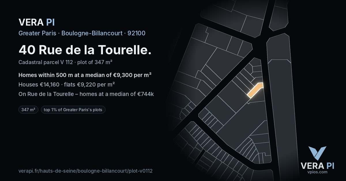 40 Rue de la Tourelle, Boulogne-Billancourt at night – the plot lit, the parcels around coloured by the prices near them