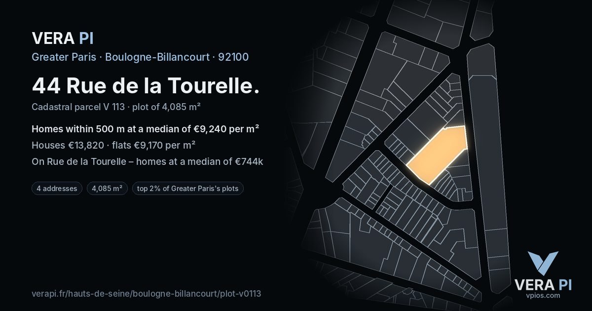 44 Rue de la Tourelle, Boulogne-Billancourt at night – the plot lit, the parcels around coloured by the prices near them