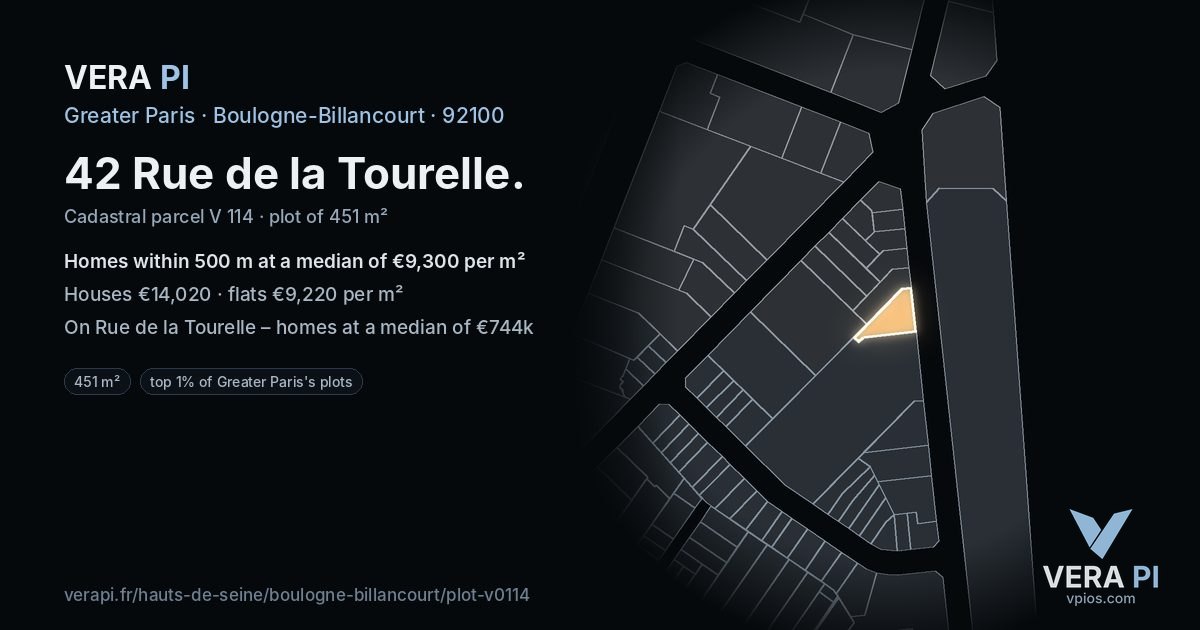 42 Rue de la Tourelle, Boulogne-Billancourt at night – the plot lit, the parcels around coloured by the prices near them
