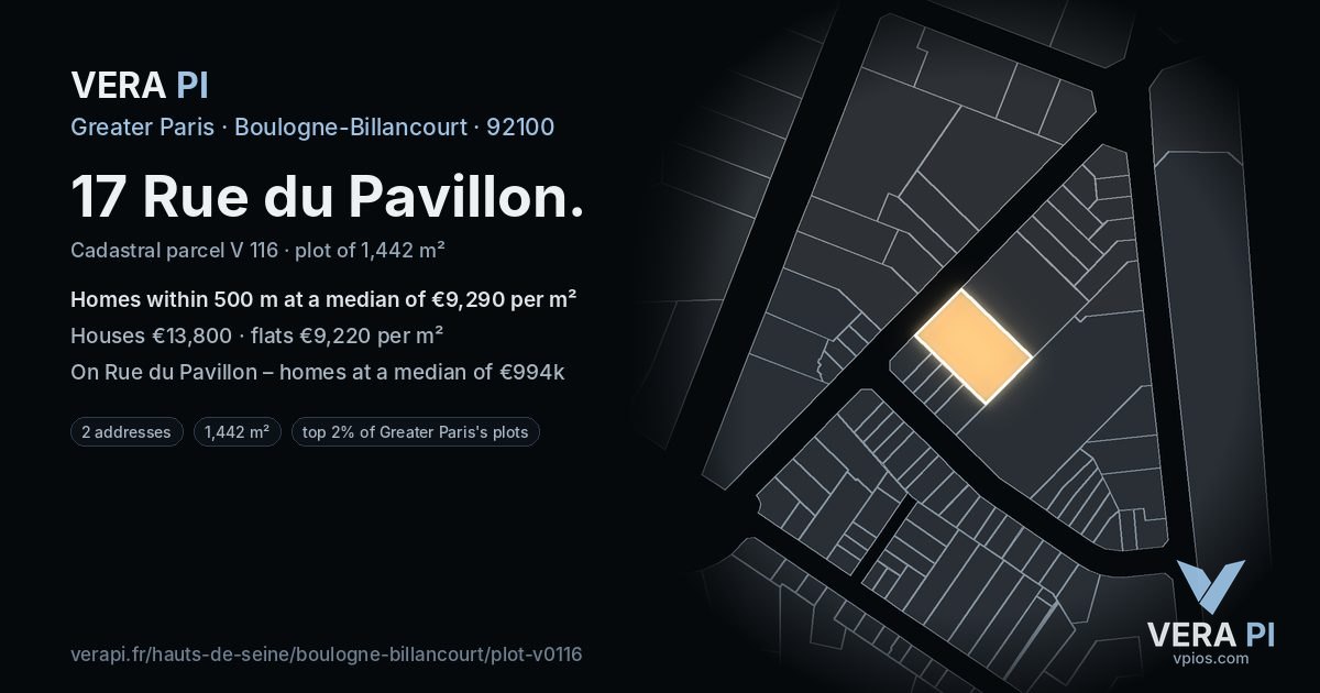 17 Rue du Pavillon, Boulogne-Billancourt at night – the plot lit, the parcels around coloured by the prices near them