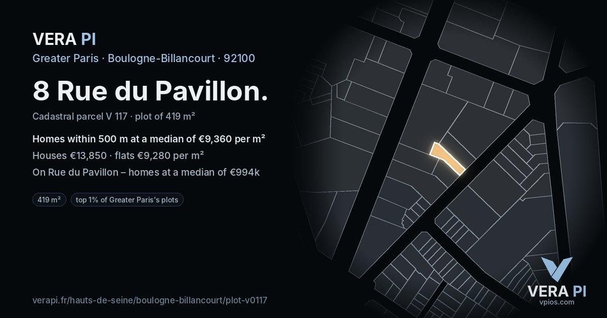 8 Rue du Pavillon, Boulogne-Billancourt at night – the plot lit, the parcels around coloured by the prices near them