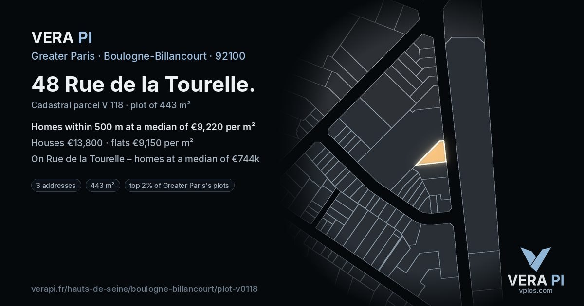 48 Rue de la Tourelle, Boulogne-Billancourt at night – the plot lit, the parcels around coloured by the prices near them