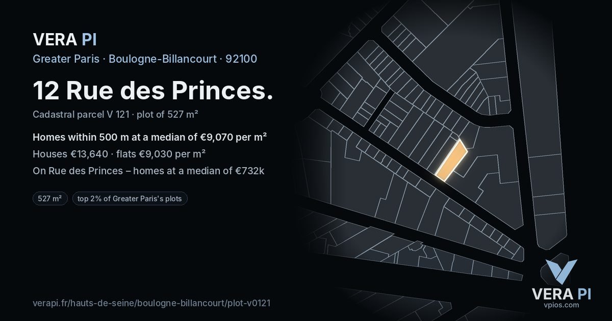 12 Rue des Princes, Boulogne-Billancourt at night – the plot lit, the parcels around coloured by the prices near them