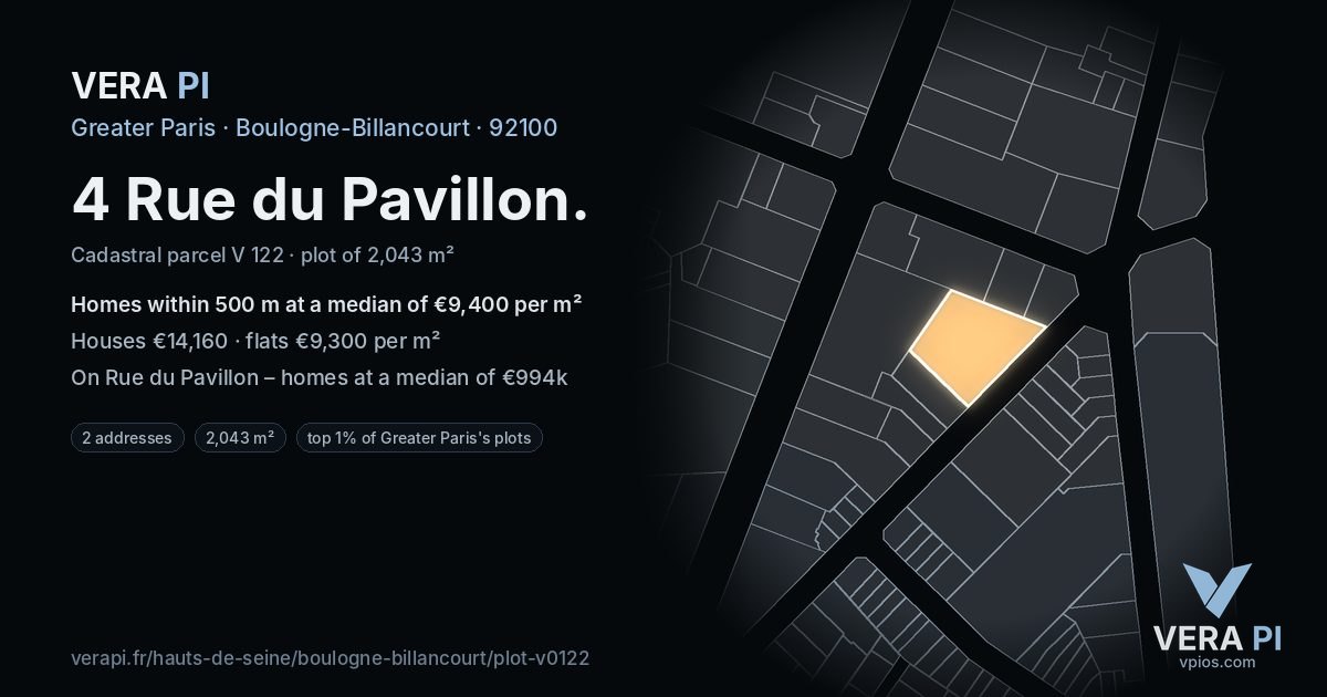4 Rue du Pavillon, Boulogne-Billancourt at night – the plot lit, the parcels around coloured by the prices near them