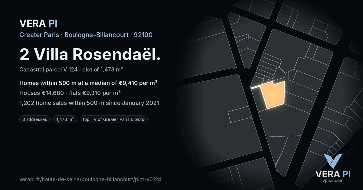 2 Villa Rosendaël, Boulogne-Billancourt at night – the plot lit, the parcels around coloured by the prices near them