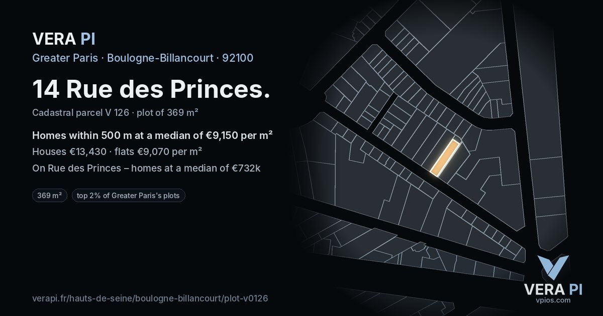 14 Rue des Princes, Boulogne-Billancourt at night – the plot lit, the parcels around coloured by the prices near them