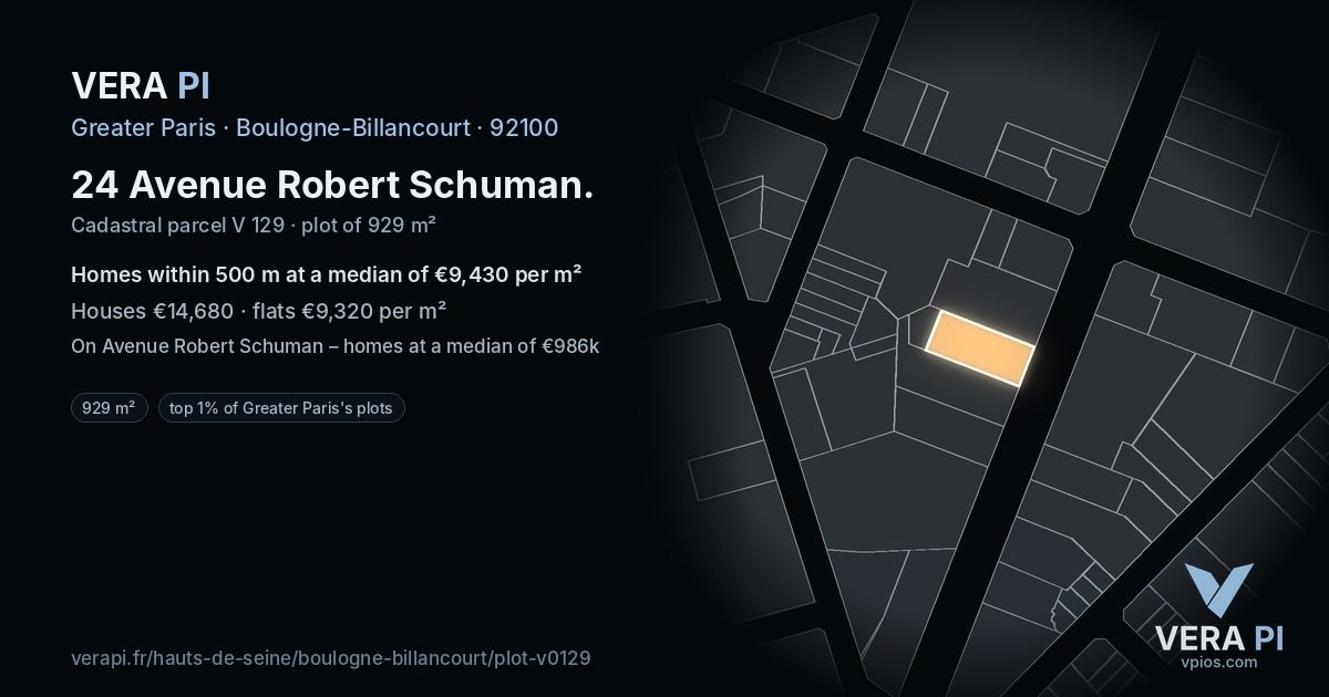 24 Avenue Robert Schuman, Boulogne-Billancourt at night – the plot lit, the parcels around coloured by the prices near them