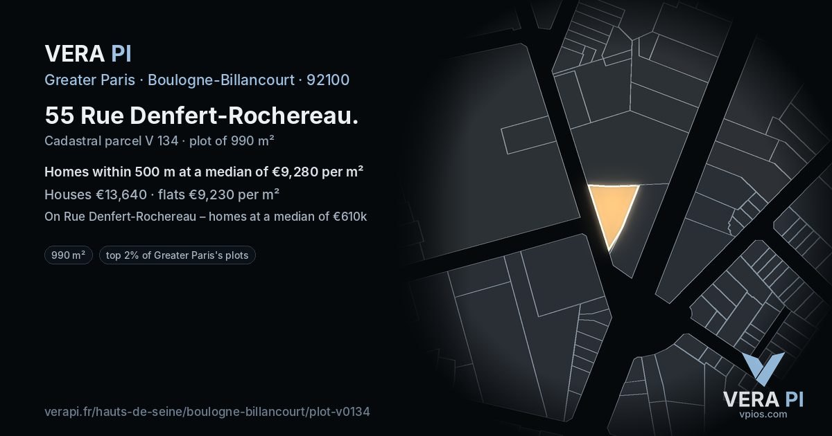 55 Rue Denfert-Rochereau, Boulogne-Billancourt at night – the plot lit, the parcels around coloured by the prices near them