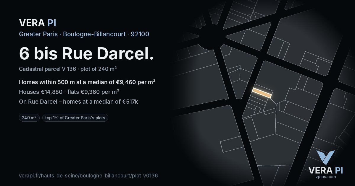 6 bis Rue Darcel, Boulogne-Billancourt at night – the plot lit, the parcels around coloured by the prices near them