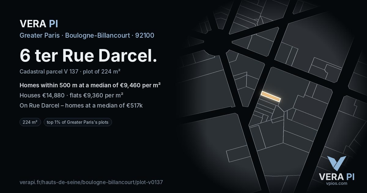 6 ter Rue Darcel, Boulogne-Billancourt at night – the plot lit, the parcels around coloured by the prices near them