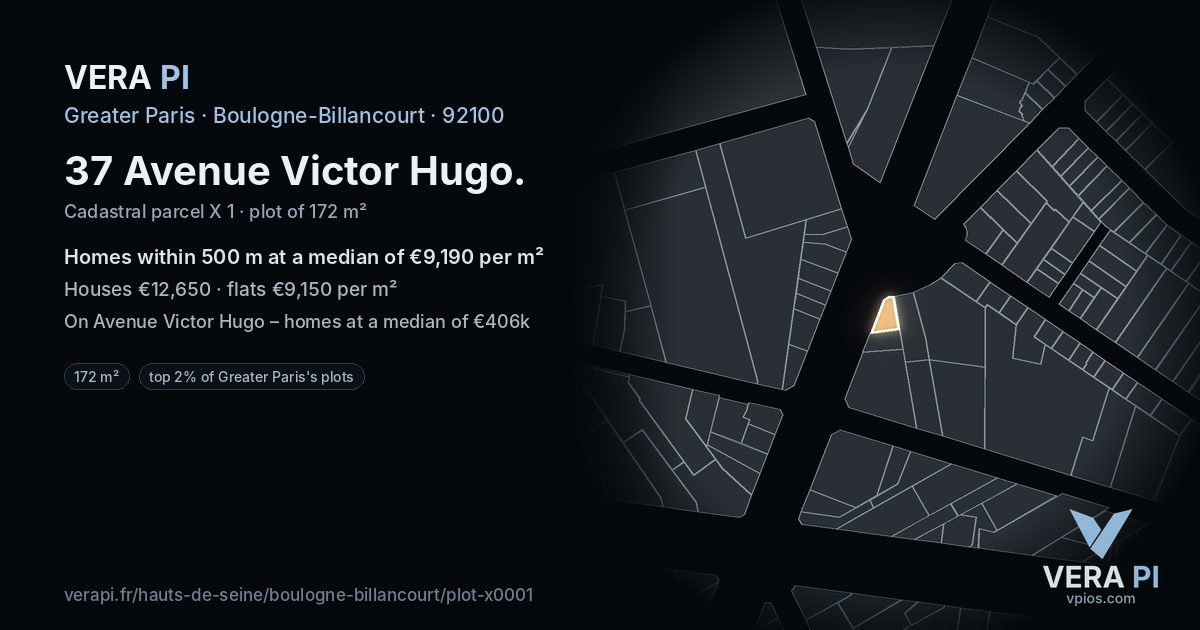 37 Avenue Victor Hugo, Boulogne-Billancourt at night – the plot lit, the parcels around coloured by the prices near them