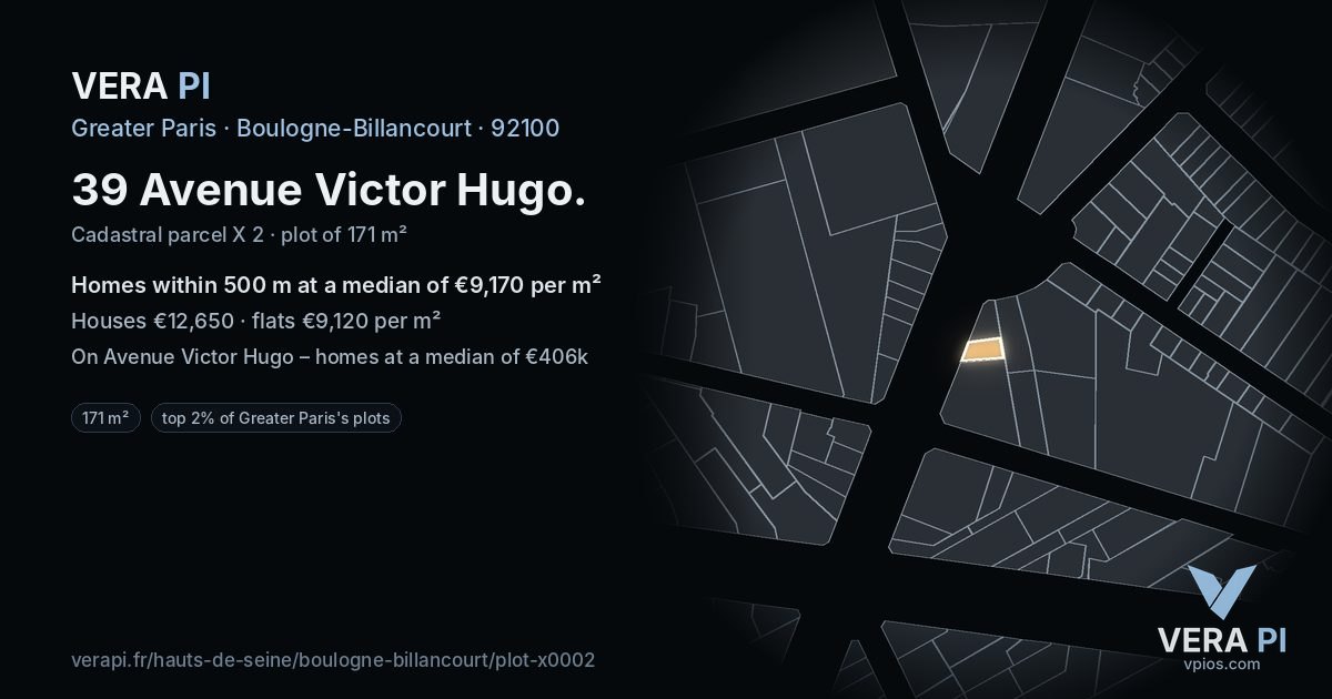 39 Avenue Victor Hugo, Boulogne-Billancourt at night – the plot lit, the parcels around coloured by the prices near them