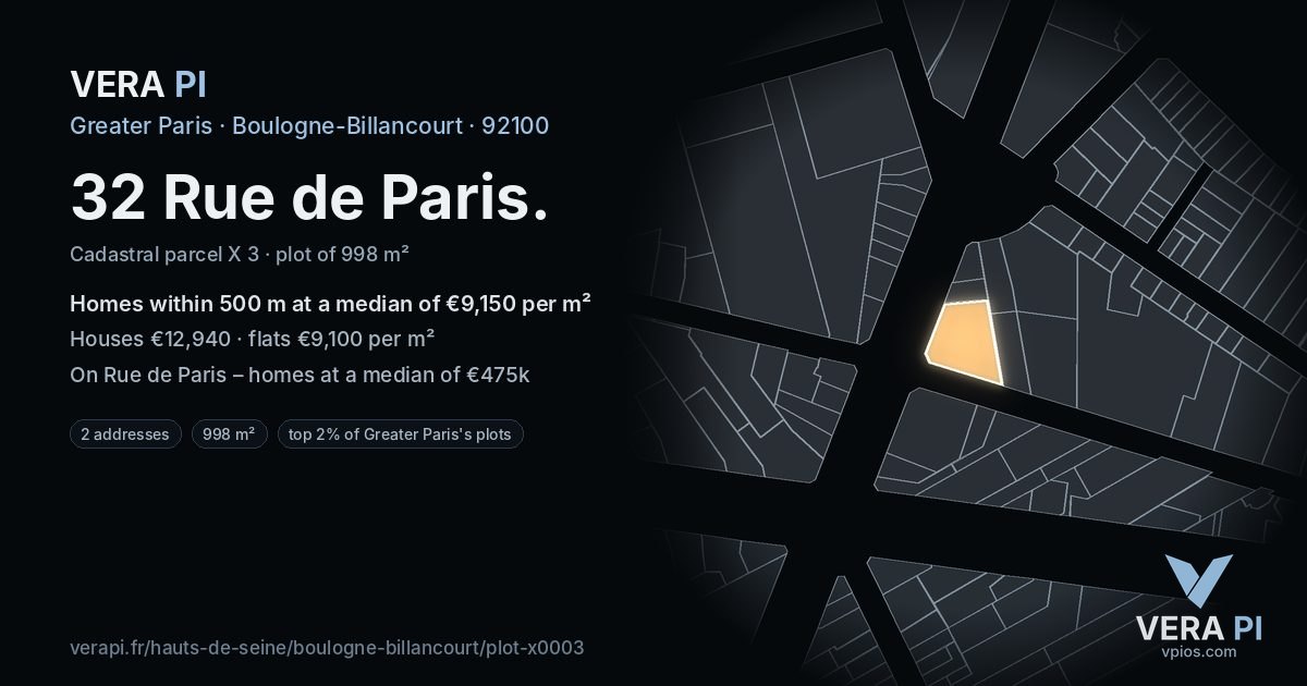 32 Rue de Paris, Boulogne-Billancourt at night – the plot lit, the parcels around coloured by the prices near them