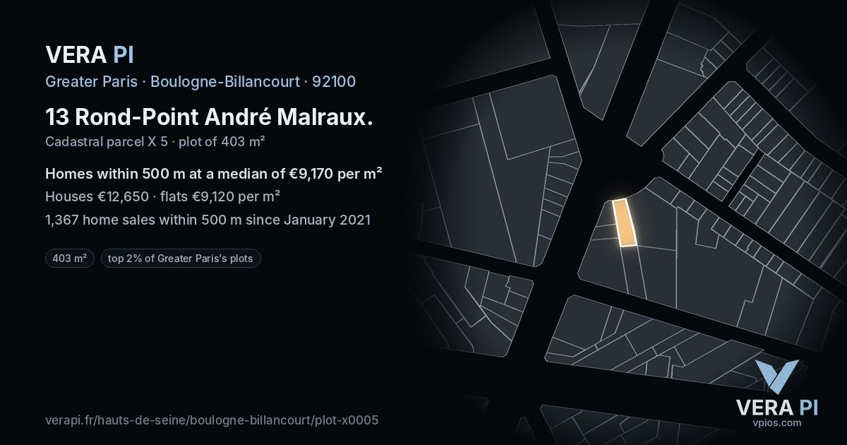 13 Rond-Point André Malraux, Boulogne-Billancourt at night – the plot lit, the parcels around coloured by the prices near them