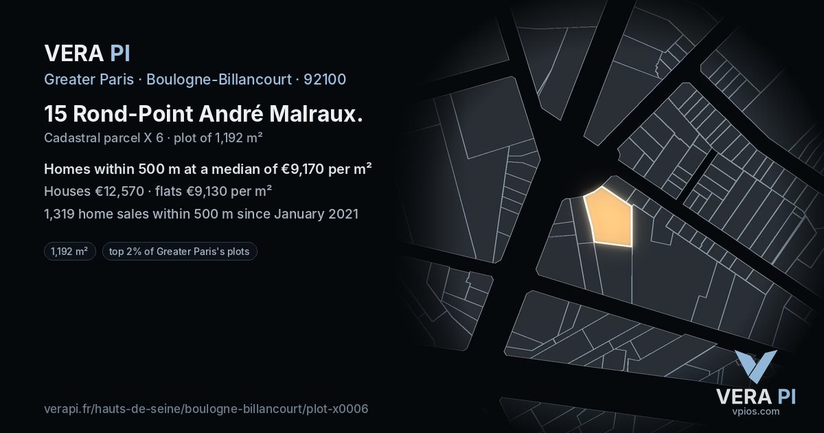 15 Rond-Point André Malraux, Boulogne-Billancourt at night – the plot lit, the parcels around coloured by the prices near them