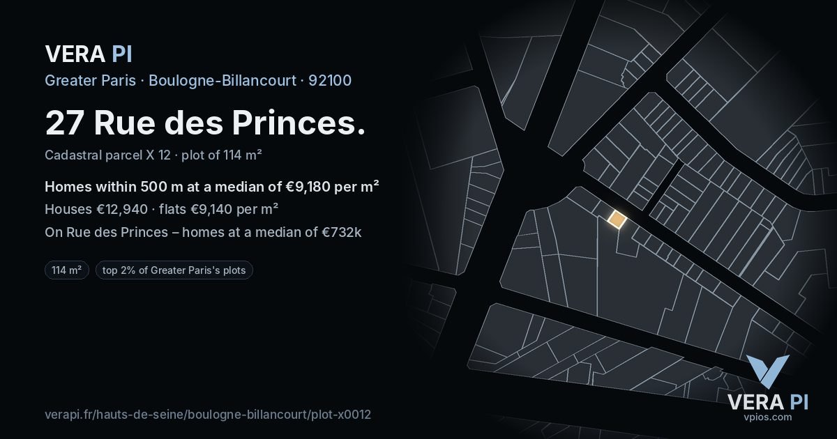 27 Rue des Princes, Boulogne-Billancourt at night – the plot lit, the parcels around coloured by the prices near them
