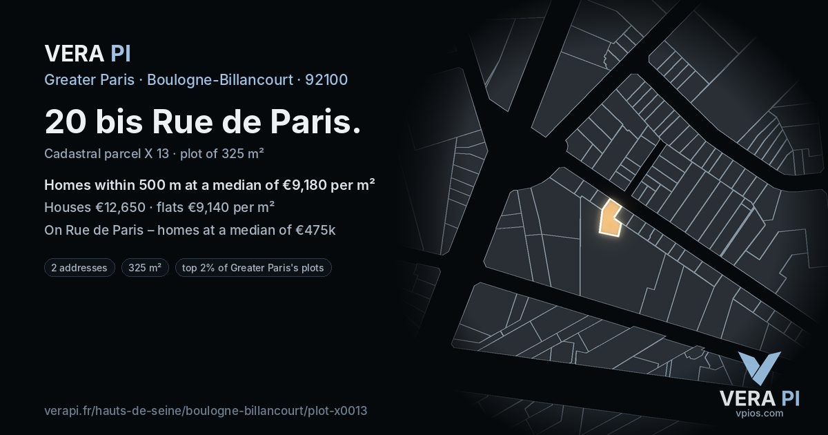 20 bis Rue de Paris, Boulogne-Billancourt at night – the plot lit, the parcels around coloured by the prices near them