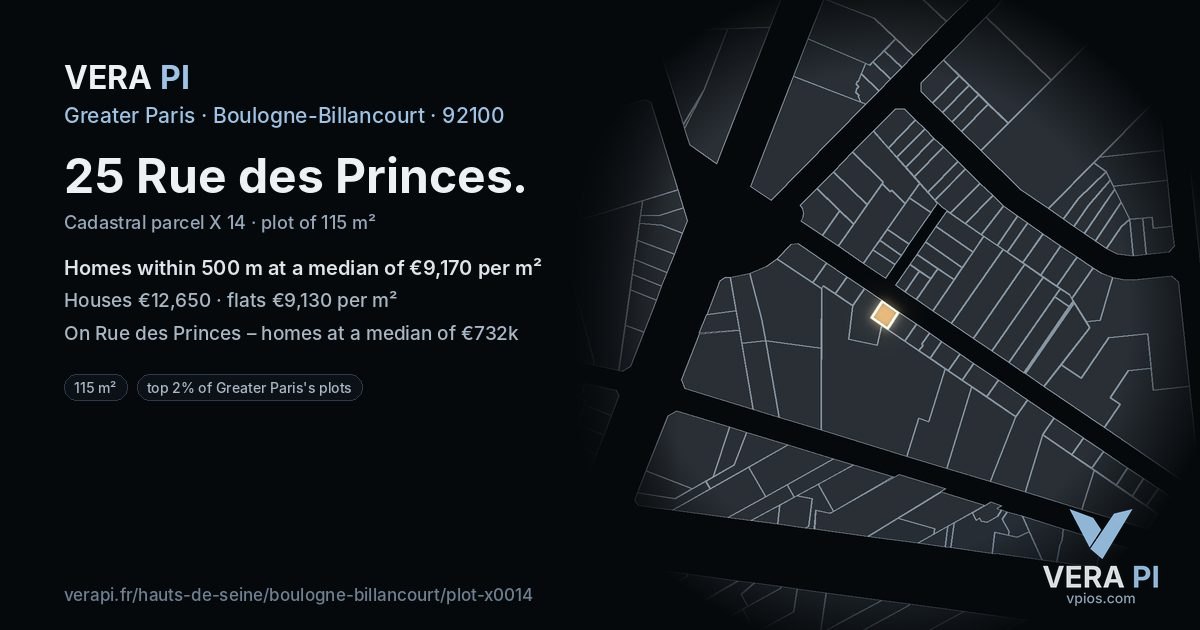 25 Rue des Princes, Boulogne-Billancourt at night – the plot lit, the parcels around coloured by the prices near them