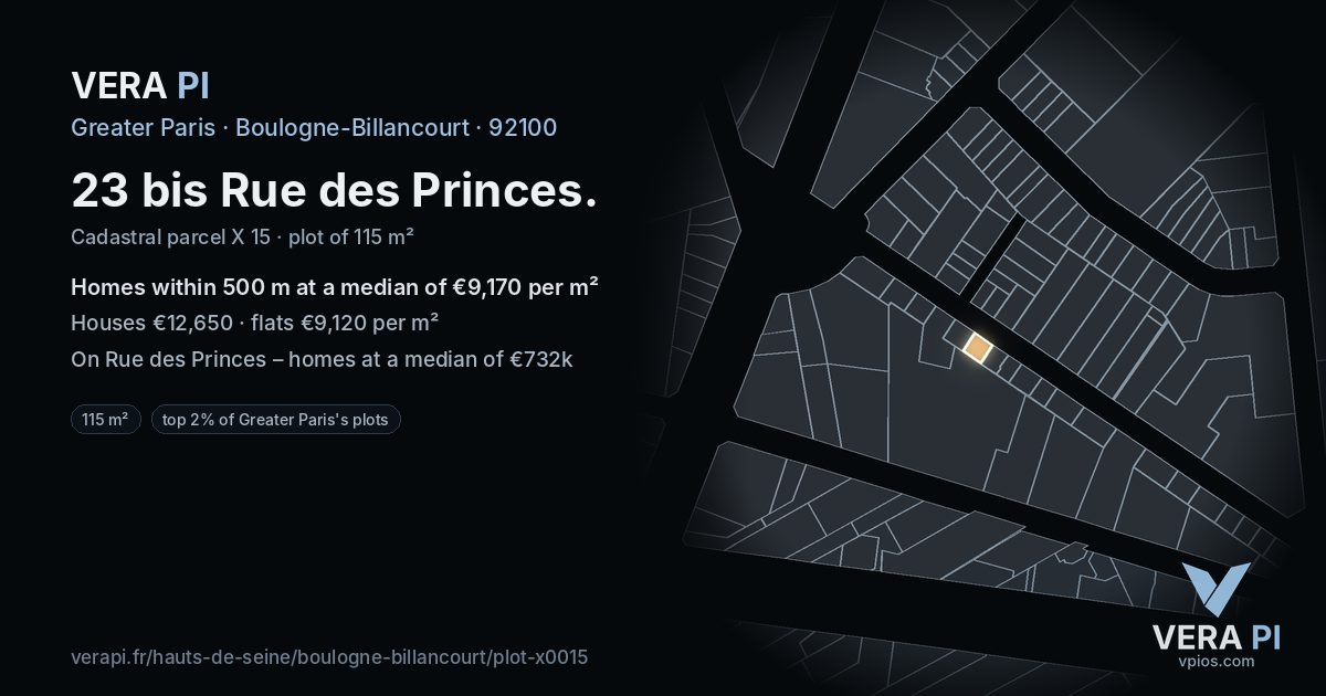 23 bis Rue des Princes, Boulogne-Billancourt at night – the plot lit, the parcels around coloured by the prices near them