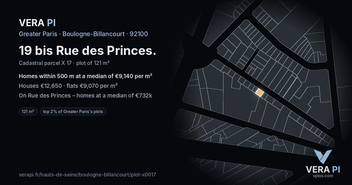 19 bis Rue des Princes, Boulogne-Billancourt at night – the plot lit, the parcels around coloured by the prices near them