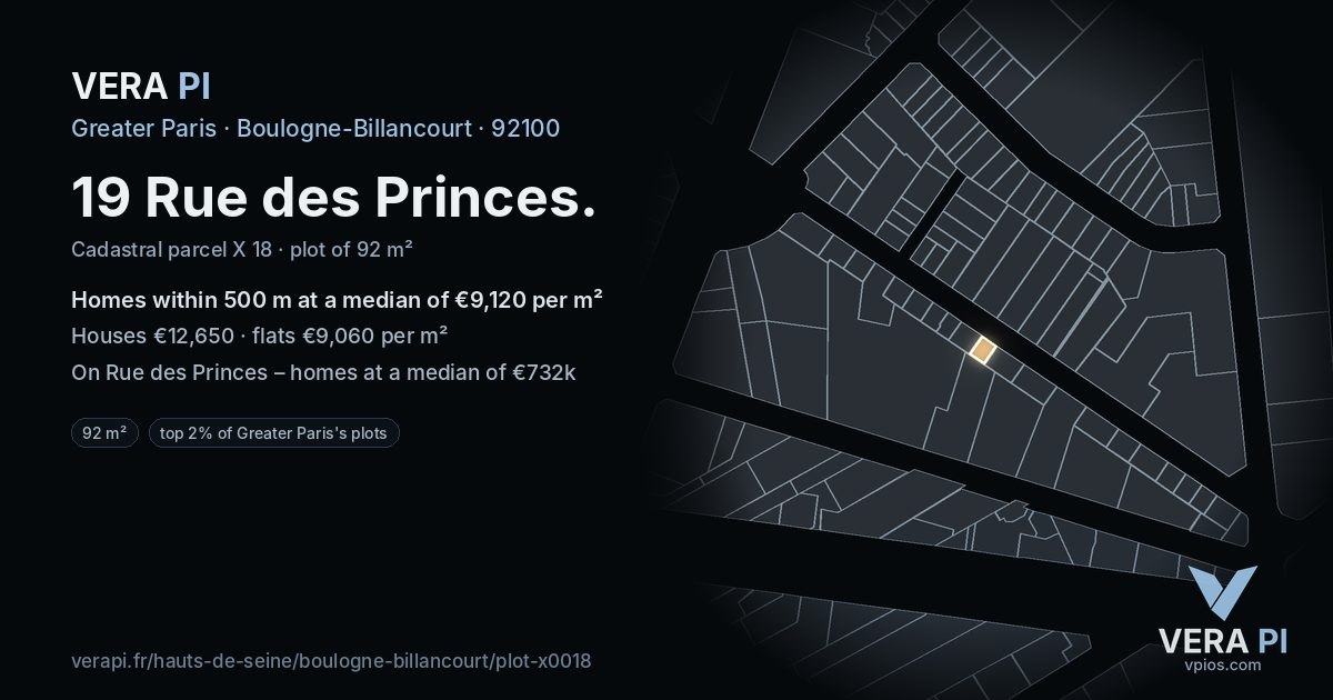 19 Rue des Princes, Boulogne-Billancourt at night – the plot lit, the parcels around coloured by the prices near them