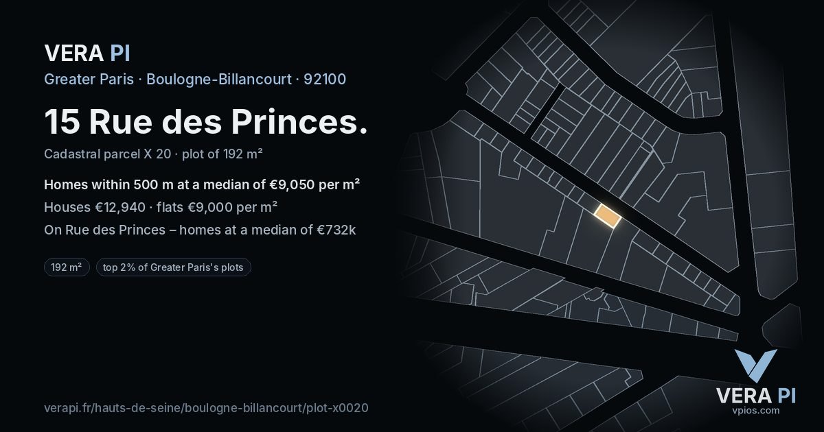 15 Rue des Princes, Boulogne-Billancourt at night – the plot lit, the parcels around coloured by the prices near them