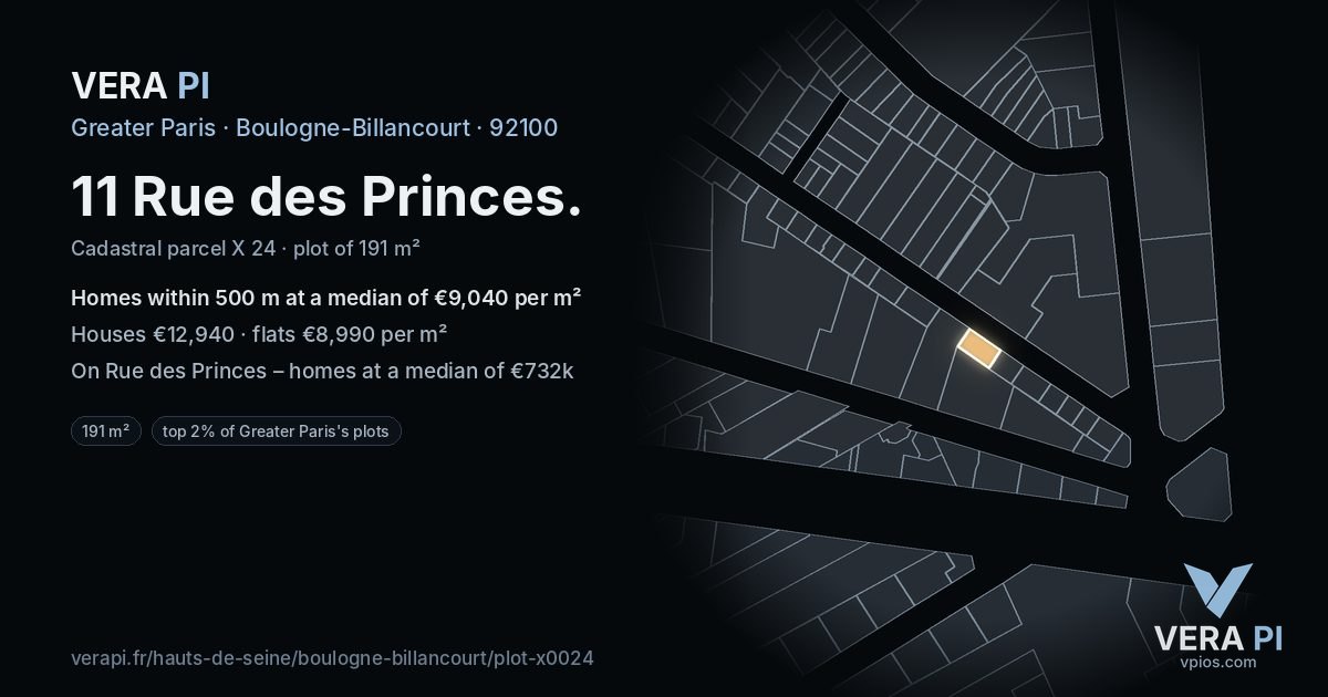 11 Rue des Princes, Boulogne-Billancourt at night – the plot lit, the parcels around coloured by the prices near them
