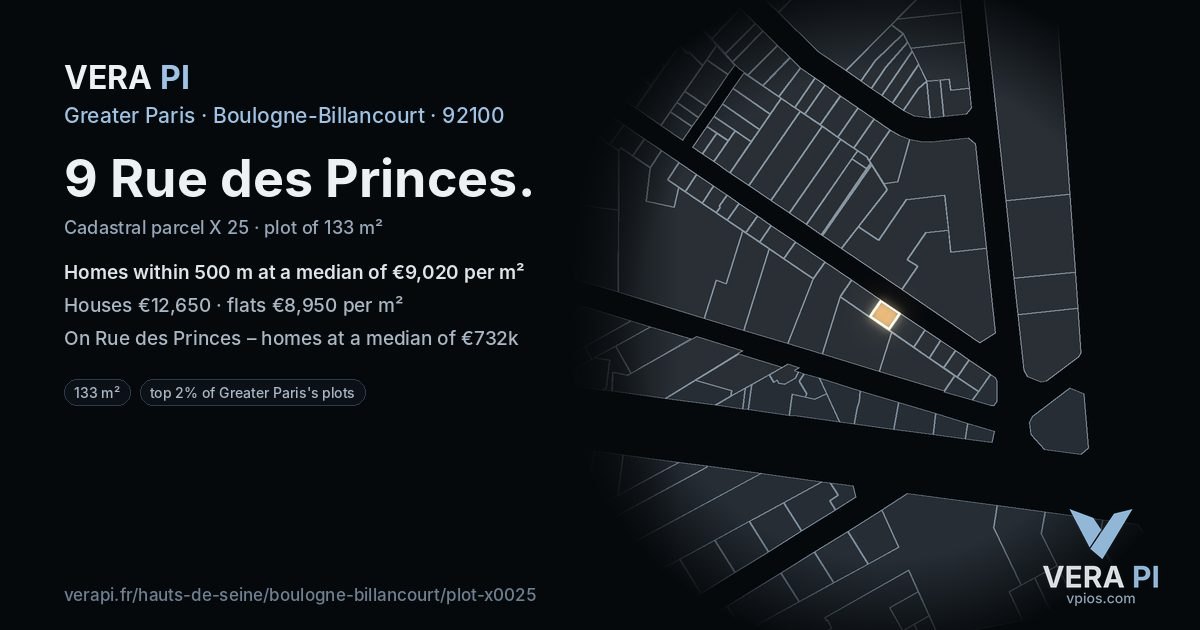 9 Rue des Princes, Boulogne-Billancourt at night – the plot lit, the parcels around coloured by the prices near them