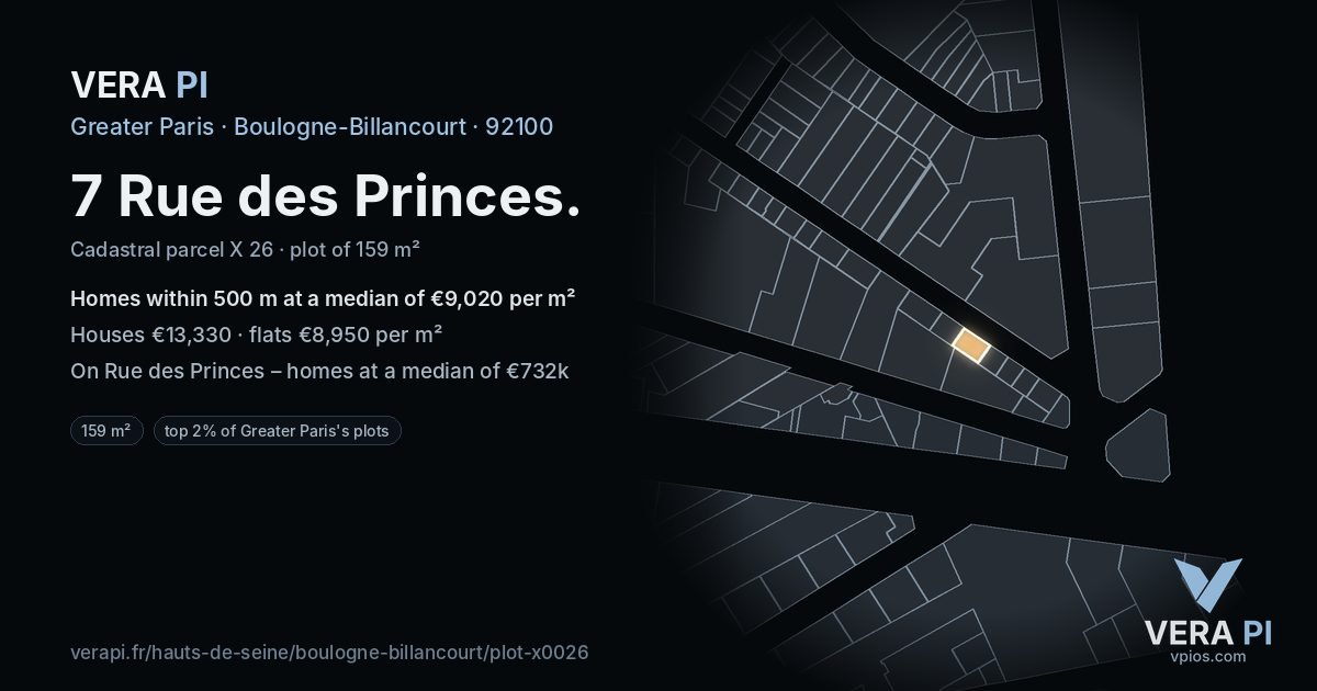 7 Rue des Princes, Boulogne-Billancourt at night – the plot lit, the parcels around coloured by the prices near them