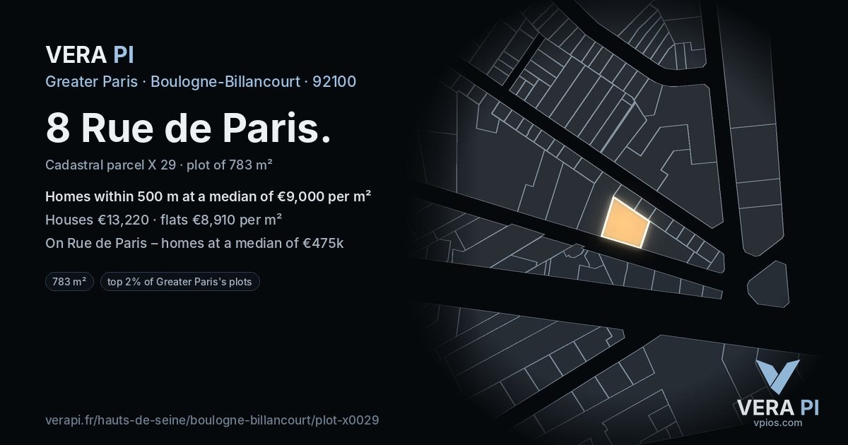 8 Rue de Paris, Boulogne-Billancourt at night – the plot lit, the parcels around coloured by the prices near them