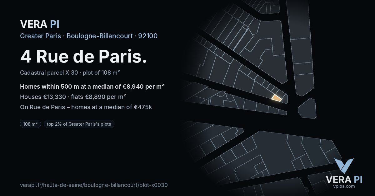 4 Rue de Paris, Boulogne-Billancourt at night – the plot lit, the parcels around coloured by the prices near them