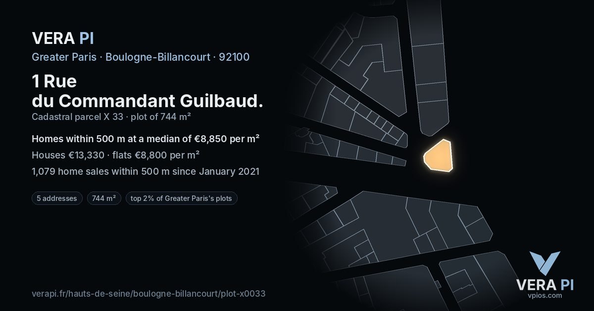 1 Rue du Commandant Guilbaud, Boulogne-Billancourt at night – the plot lit, the parcels around coloured by the prices near them