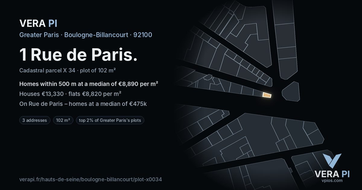 1 Rue de Paris, Boulogne-Billancourt at night – the plot lit, the parcels around coloured by the prices near them