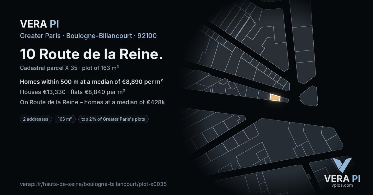 10 Route de la Reine, Boulogne-Billancourt at night – the plot lit, the parcels around coloured by the prices near them