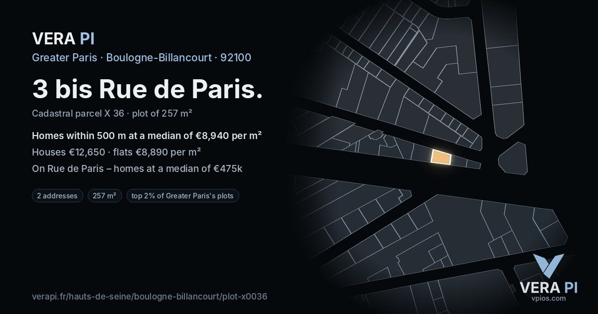 3 bis Rue de Paris, Boulogne-Billancourt at night – the plot lit, the parcels around coloured by the prices near them