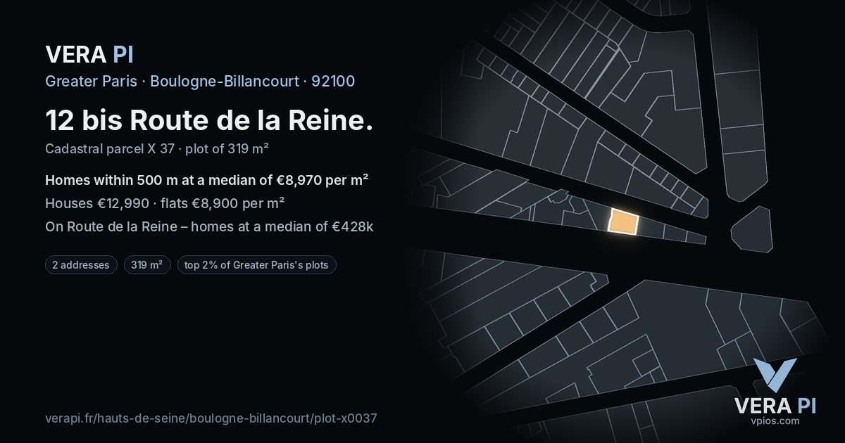 12 bis Route de la Reine, Boulogne-Billancourt at night – the plot lit, the parcels around coloured by the prices near them