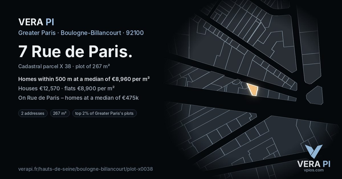 7 Rue de Paris, Boulogne-Billancourt at night – the plot lit, the parcels around coloured by the prices near them