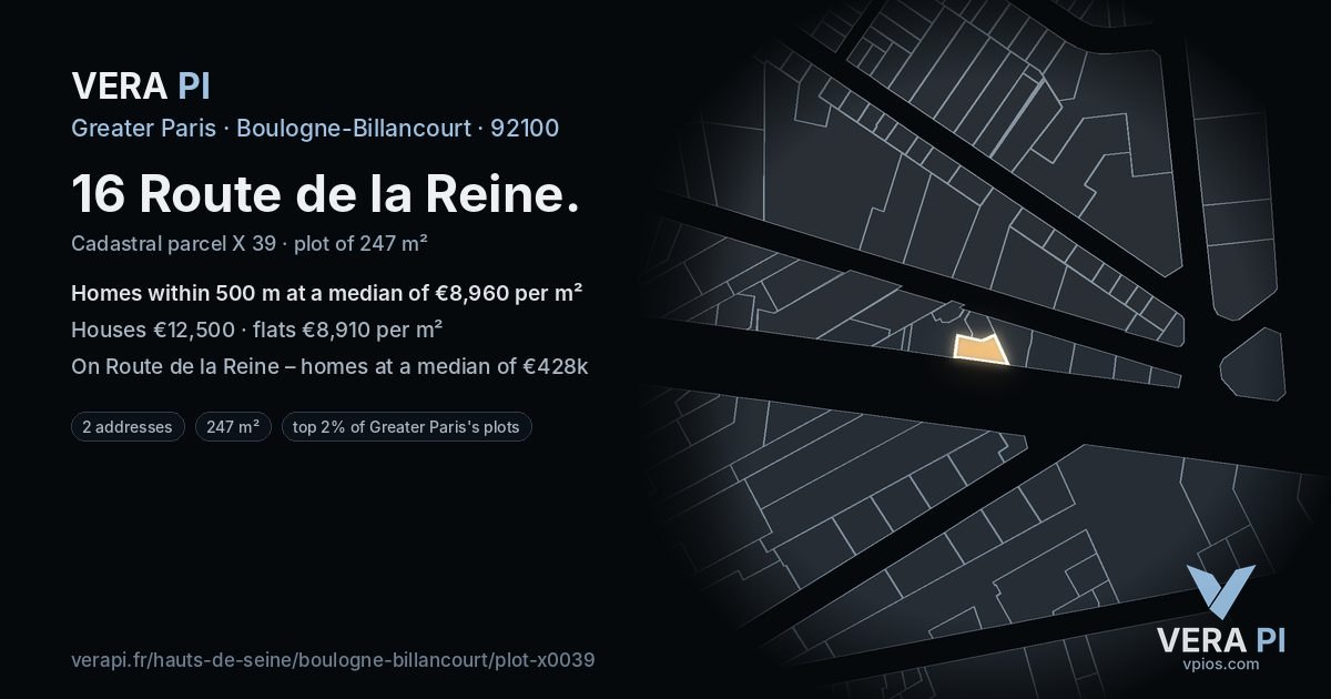 16 Route de la Reine, Boulogne-Billancourt at night – the plot lit, the parcels around coloured by the prices near them